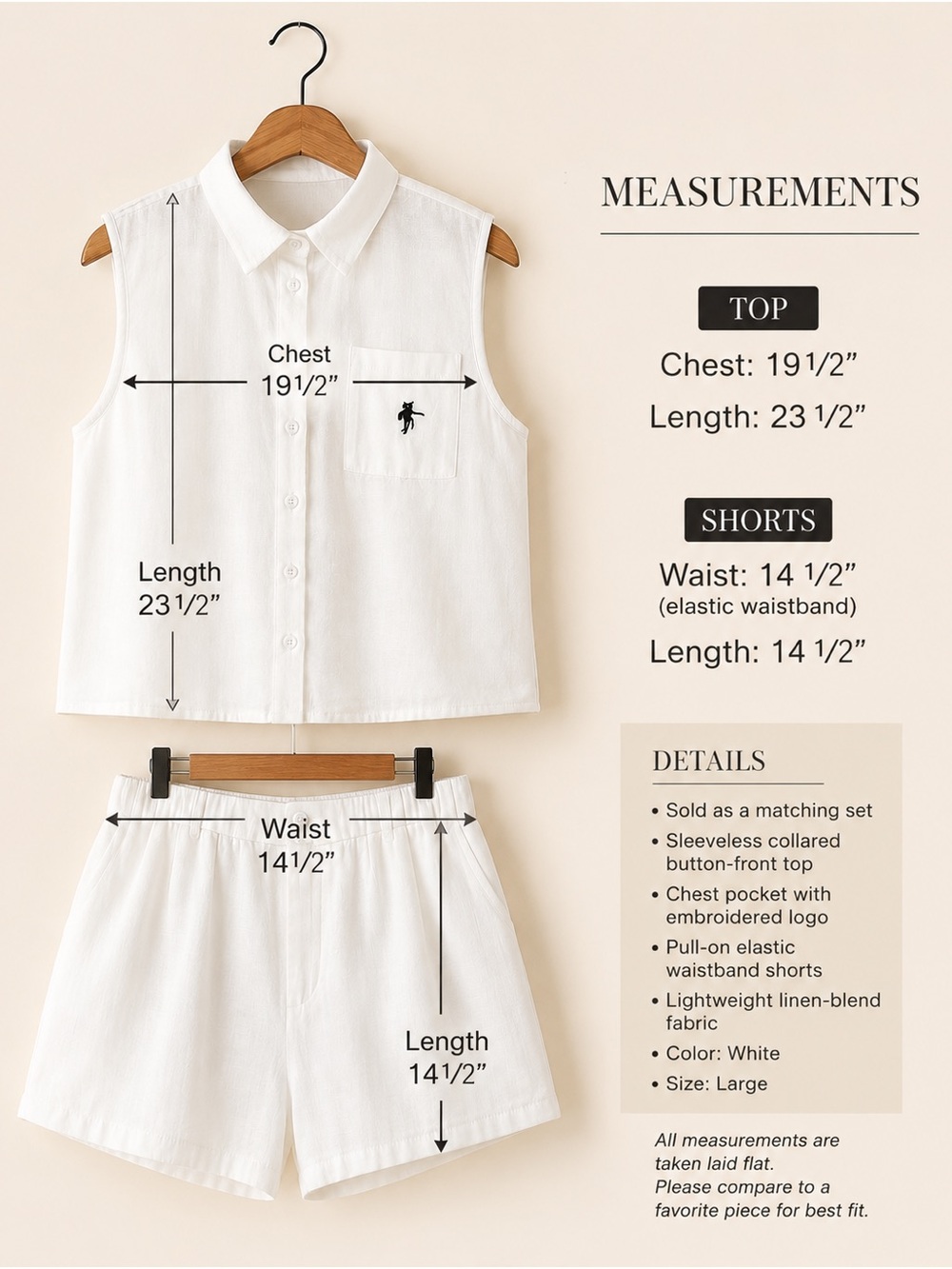 White Linen Blend Sleeveless Button Front Top & Shorts Set | Size Large - Picture 4 of 11